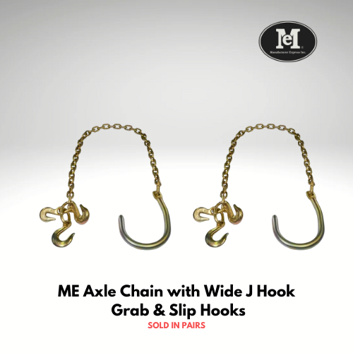 ME Axle Chain with Wide J Hook Grab & Slip Hooks/Pair, 5/16in x 4ft Grade 70, Large Style J-Hook & Slip and Grab Hooks for J Hooks Towing - Not for Recovery, Extra Wide-Opening Hook, Chain Length 4ft, Grade 70