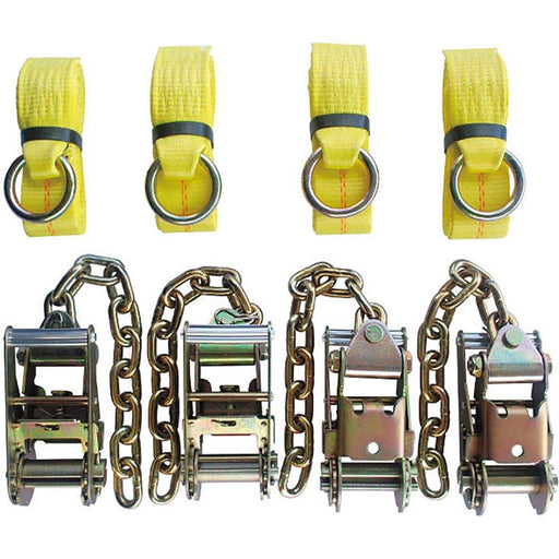 Towing 4 Point Tie Down, 4 Ratchets w/Chain Ends,  4 Lasso Straps - Manufacturer Express