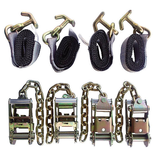 Towing 4 Point Tie Down, 4 Ratchets w/Chain Ends,  4 Straps TJ Hook - Manufacturer Express