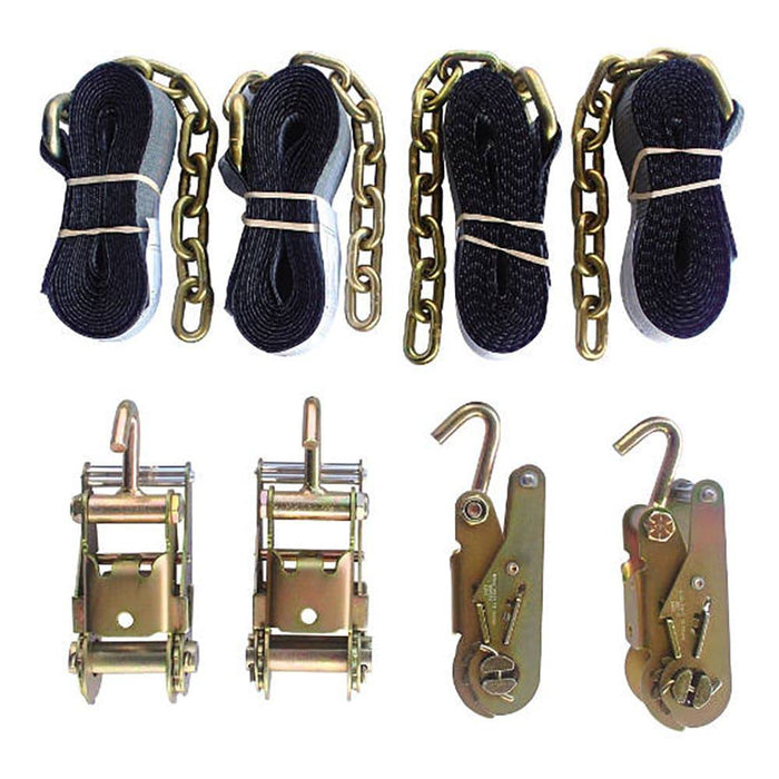 Towing 4 Point Tie Down, 4 Ratchets W/Single Fingers, 4 Chain End Straps - Manufacturer Express