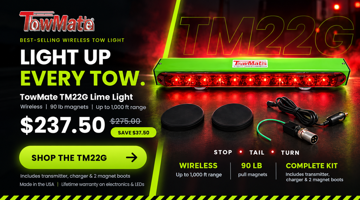 TowMate 22" Wireless LED Tow Light Bar - Lime Green, Magnetic Mount, Battery-Powered, 10+ Hours of Charge | 4-Pin Round Transmitter | Includes Charging Cord | TM22G-4R | 4 Pin Round Transmitter