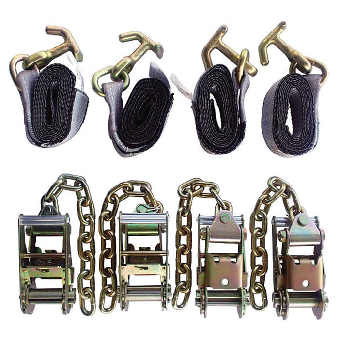 Towing 4 Point Tie Down, 4 Ratchets w/Chain Ends,  4 Straps TJ Hook - Manufacturer Express